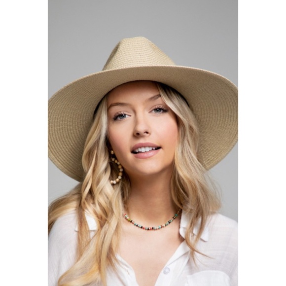 Natural Faux Suede Wide Brim Braided Double Band Tassel Woven Panama Hat - Picture 2 of 7